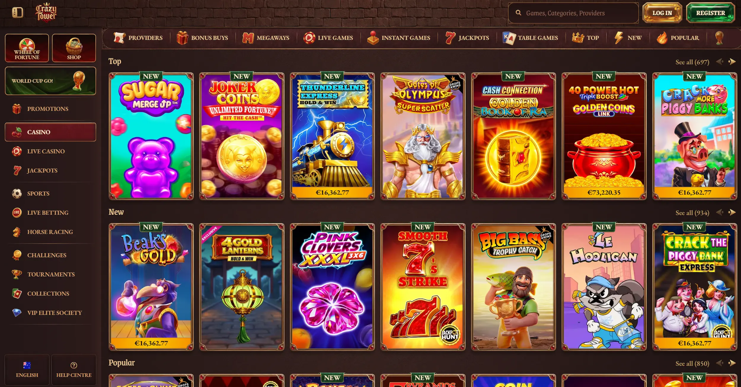 Crazy Tower-casino page showing selection of new and top online pokies and site main navigation